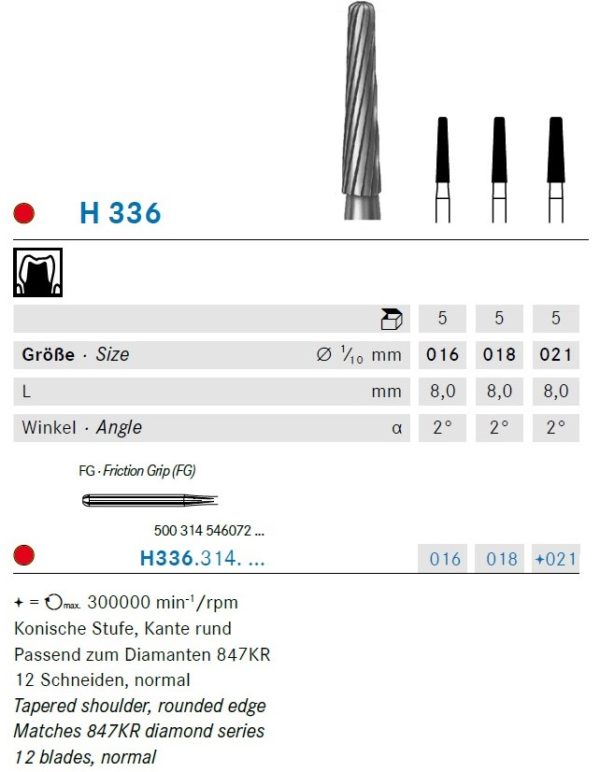 Komet TC Finishing Bur Tapered Shoulder, Rounded Edge H336 Chee Sang